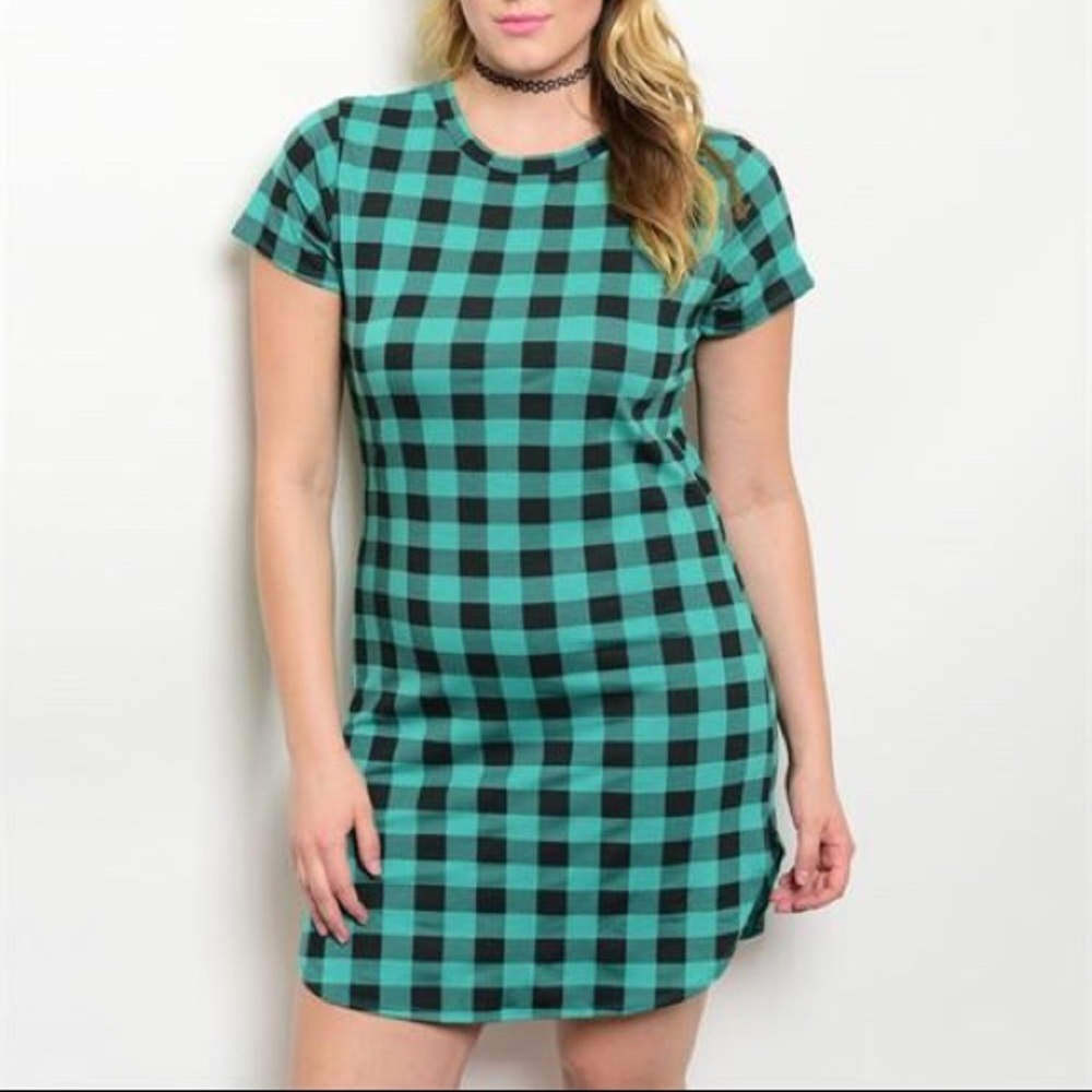 Plus Size Trendy Green Checkered Dress - Picture 2 of 8